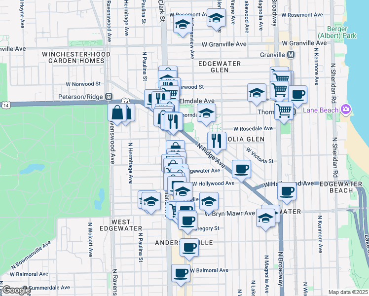 map of restaurants, bars, coffee shops, grocery stores, and more near 1535 West Ardmore Avenue in Chicago