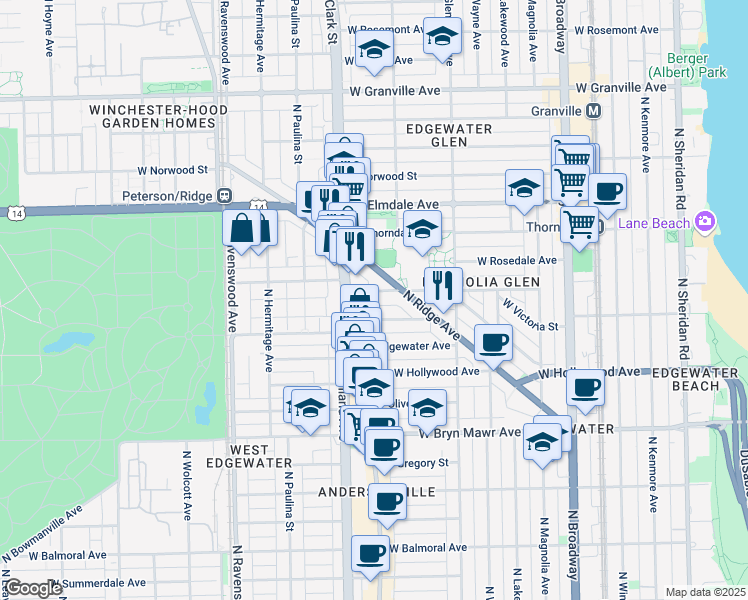map of restaurants, bars, coffee shops, grocery stores, and more near 1535 West Ardmore Avenue in Chicago