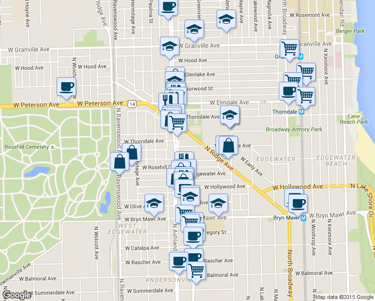 map of restaurants, bars, coffee shops, grocery stores, and more near 1535 West Ardmore Avenue in Chicago