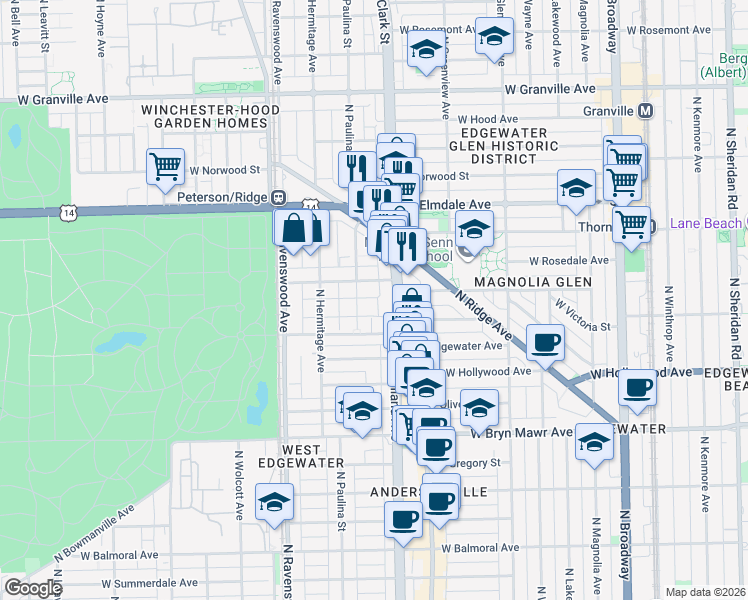 map of restaurants, bars, coffee shops, grocery stores, and more near 1617 West Thorndale Avenue in Chicago