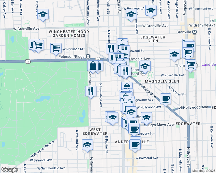 map of restaurants, bars, coffee shops, grocery stores, and more near 1711 West Thorndale Avenue in Chicago