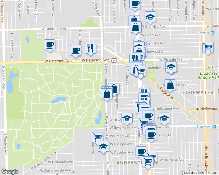 map of restaurants, bars, coffee shops, grocery stores, and more near 5844 North Hermitage Avenue in Chicago