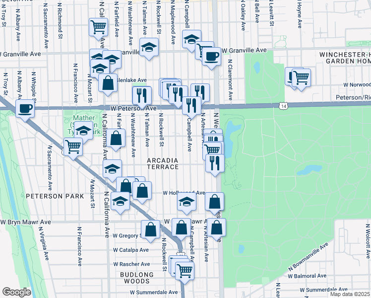 map of restaurants, bars, coffee shops, grocery stores, and more near 5841 North Maplewood Avenue in Chicago