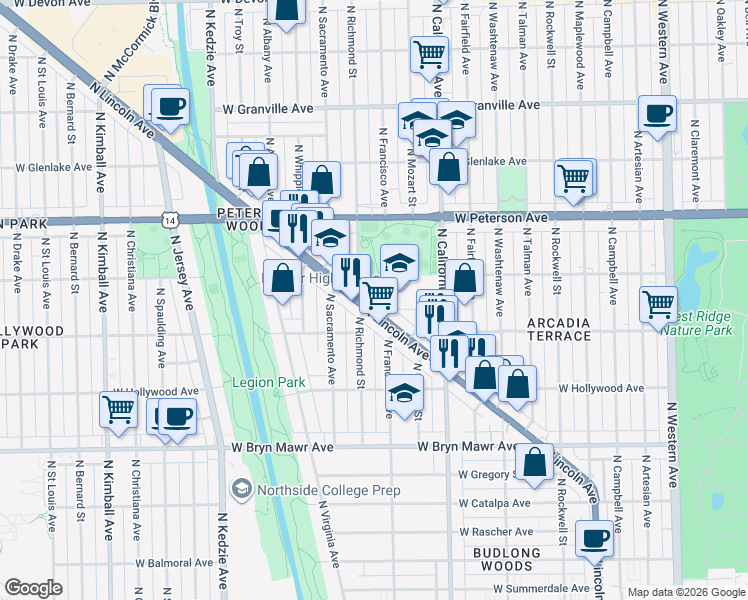 map of restaurants, bars, coffee shops, grocery stores, and more near 5835 N Lincoln Ave in Chicago