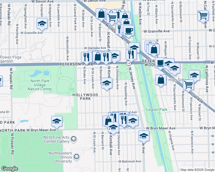 map of restaurants, bars, coffee shops, grocery stores, and more near 5842 North Kimball Avenue in Chicago