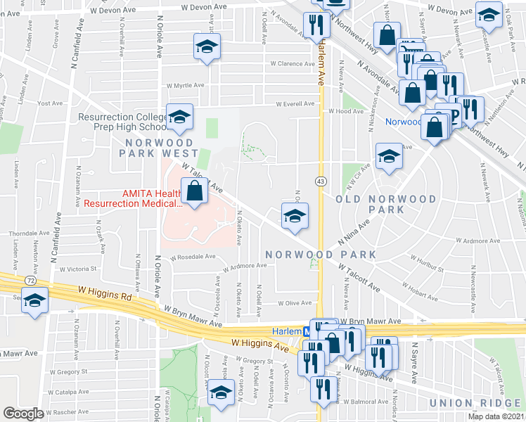 map of restaurants, bars, coffee shops, grocery stores, and more near 5920 North Odell Avenue in Chicago
