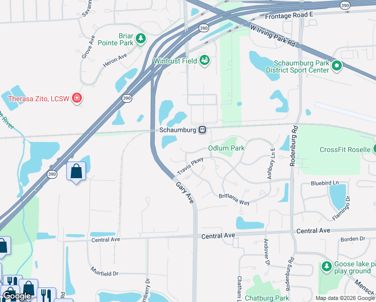 map of restaurants, bars, coffee shops, grocery stores, and more near 1580 Thornfield Lane in Roselle