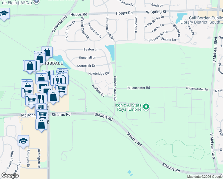 map of restaurants, bars, coffee shops, grocery stores, and more near 2435 Daybreak Court in Elgin