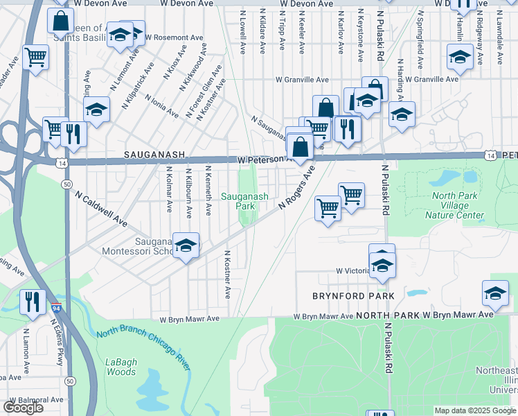map of restaurants, bars, coffee shops, grocery stores, and more near 4265 West Highbridge Lane in Chicago