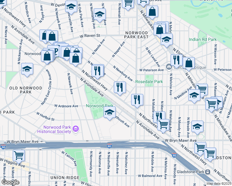 map of restaurants, bars, coffee shops, grocery stores, and more near 5835 North Northwest Highway in Chicago