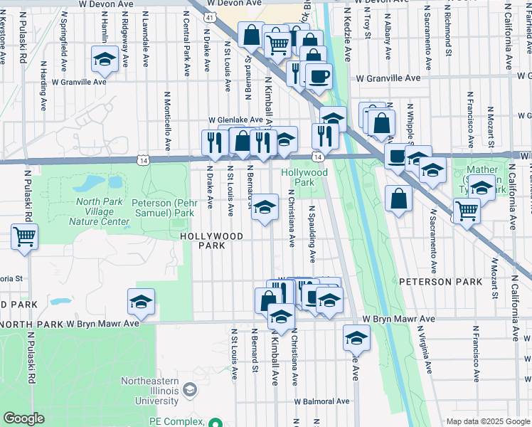 map of restaurants, bars, coffee shops, grocery stores, and more near 5840 North Kimball Avenue in Chicago
