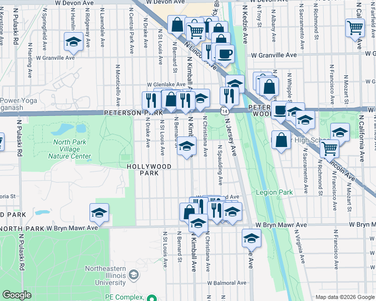 map of restaurants, bars, coffee shops, grocery stores, and more near 5842 North Kimball Avenue in Chicago