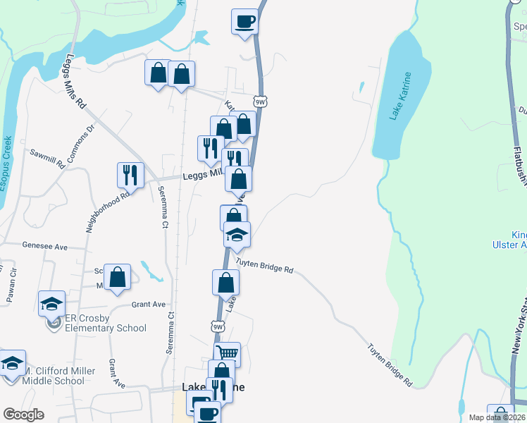 map of restaurants, bars, coffee shops, grocery stores, and more near 93 Lake Road in Lake Katrine