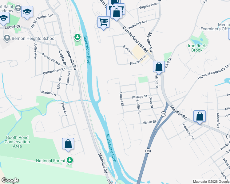 map of restaurants, bars, coffee shops, grocery stores, and more near 65 Louise Street in Woonsocket