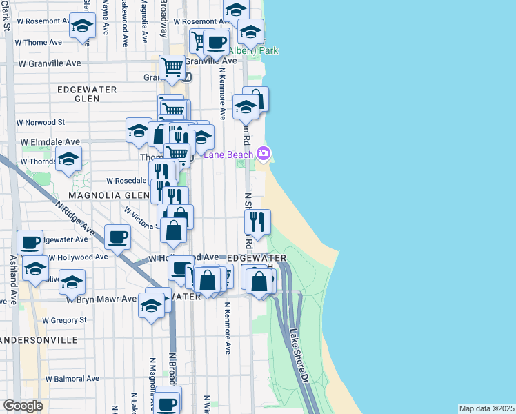map of restaurants, bars, coffee shops, grocery stores, and more near 5818 North Sheridan Road in Chicago