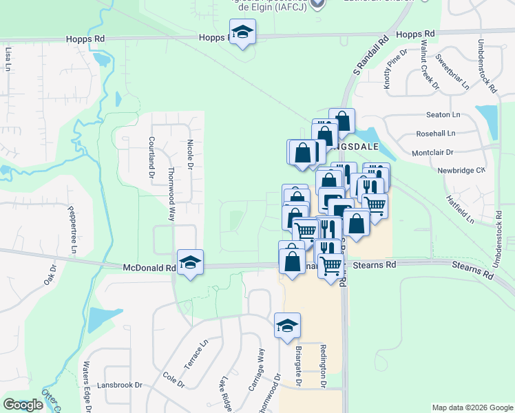 map of restaurants, bars, coffee shops, grocery stores, and more near 285 Robin Glen Lane in South Elgin