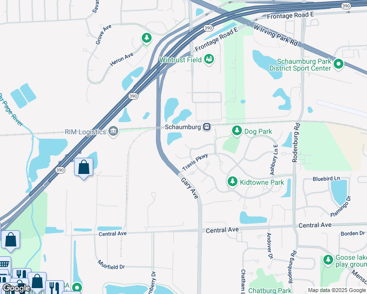 map of restaurants, bars, coffee shops, grocery stores, and more near 1580 Thornfield Lane in Roselle