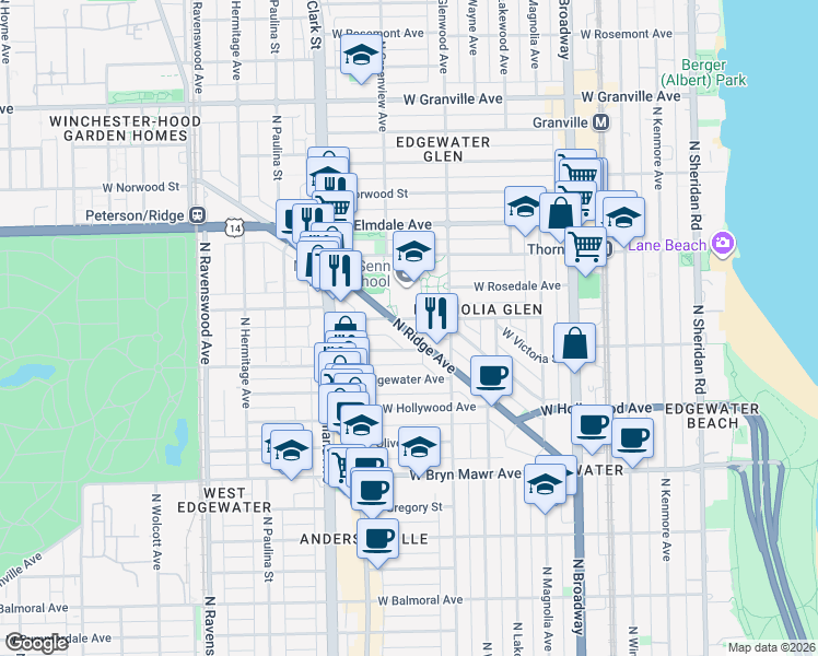map of restaurants, bars, coffee shops, grocery stores, and more near 5823 North Ridge Avenue in Chicago