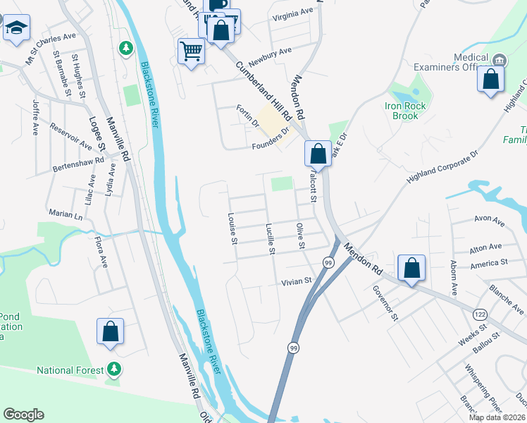 map of restaurants, bars, coffee shops, grocery stores, and more near 107 Lucille Street in Woonsocket
