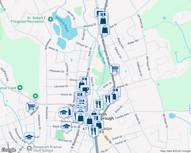 map of restaurants, bars, coffee shops, grocery stores, and more near 4 Riley Court in North Attleborough