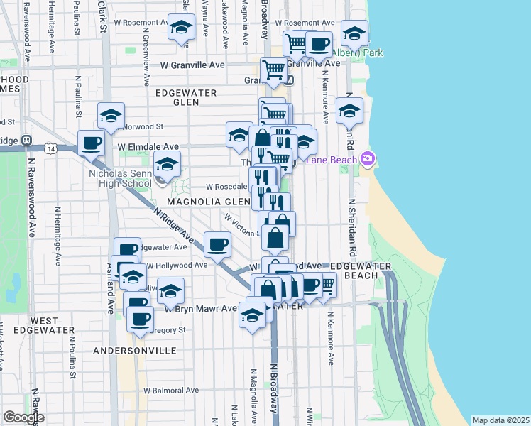 map of restaurants, bars, coffee shops, grocery stores, and more near 5839 North Broadway in Chicago