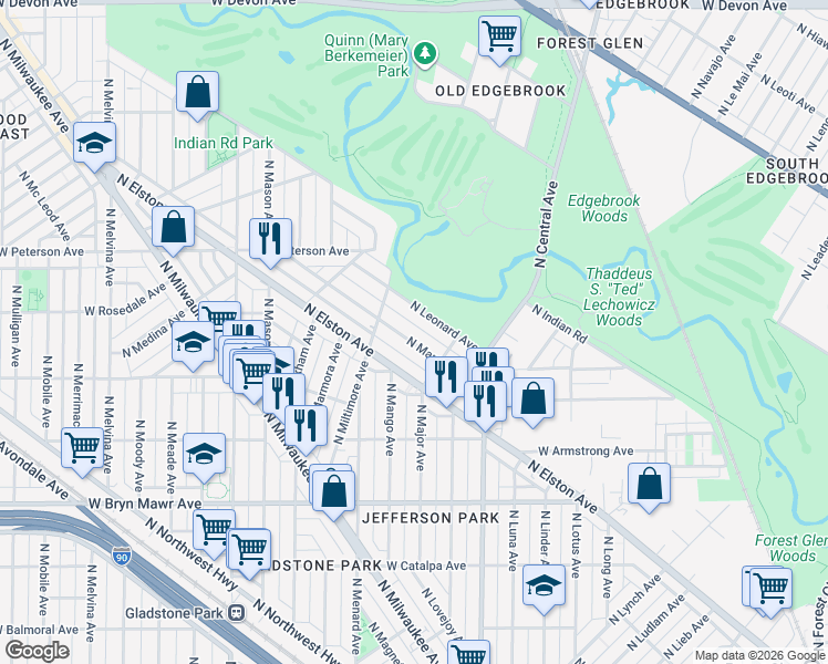 map of restaurants, bars, coffee shops, grocery stores, and more near 5837 North Manton Avenue in Chicago