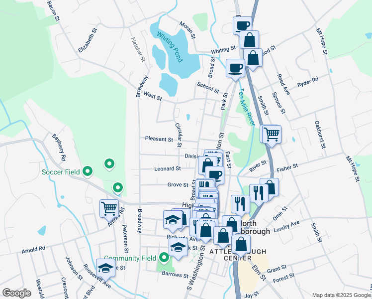 map of restaurants, bars, coffee shops, grocery stores, and more near 37 Circular Street in North Attleborough
