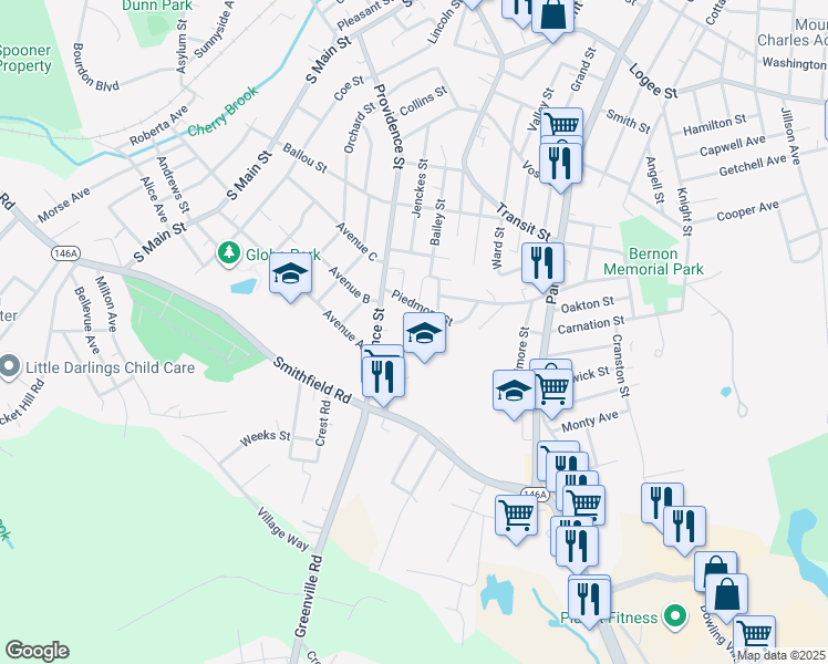 map of restaurants, bars, coffee shops, grocery stores, and more near 29 Berkley Street in Woonsocket