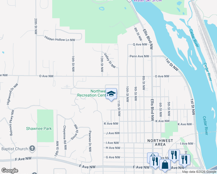 map of restaurants, bars, coffee shops, grocery stores, and more near 1133 N Ave NW in Cedar Rapids