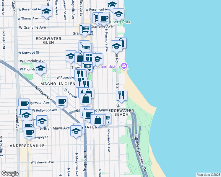 map of restaurants, bars, coffee shops, grocery stores, and more near 5822 North Kenmore Avenue in Chicago