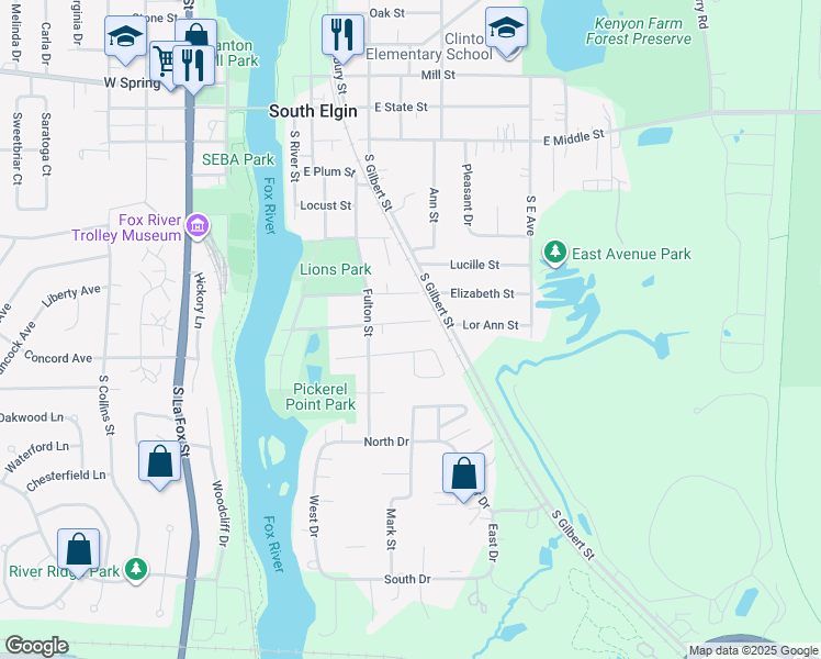map of restaurants, bars, coffee shops, grocery stores, and more near 521 East Spring Avenue in South Elgin