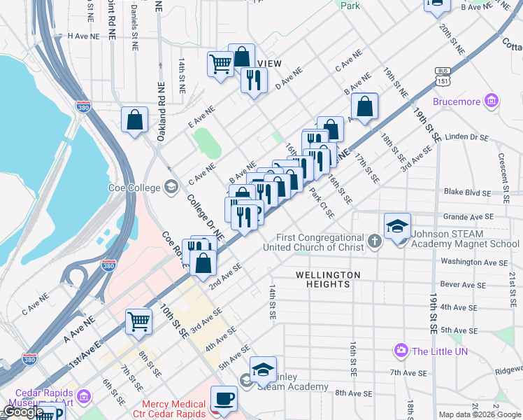 map of restaurants, bars, coffee shops, grocery stores, and more near 1420 1st Avenue Northeast in Cedar Rapids