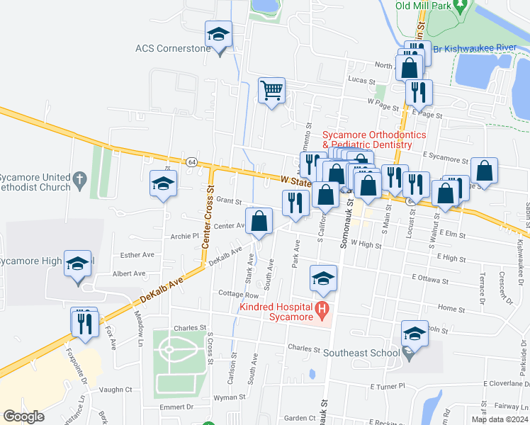 map of restaurants, bars, coffee shops, grocery stores, and more near 344 Grant Street in Sycamore
