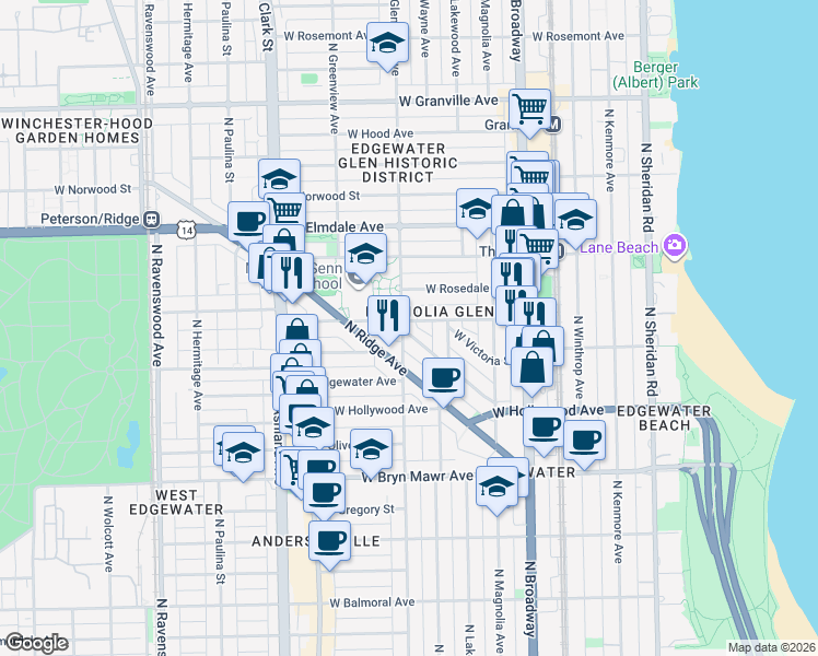 map of restaurants, bars, coffee shops, grocery stores, and more near 1354 West Early Avenue in Chicago