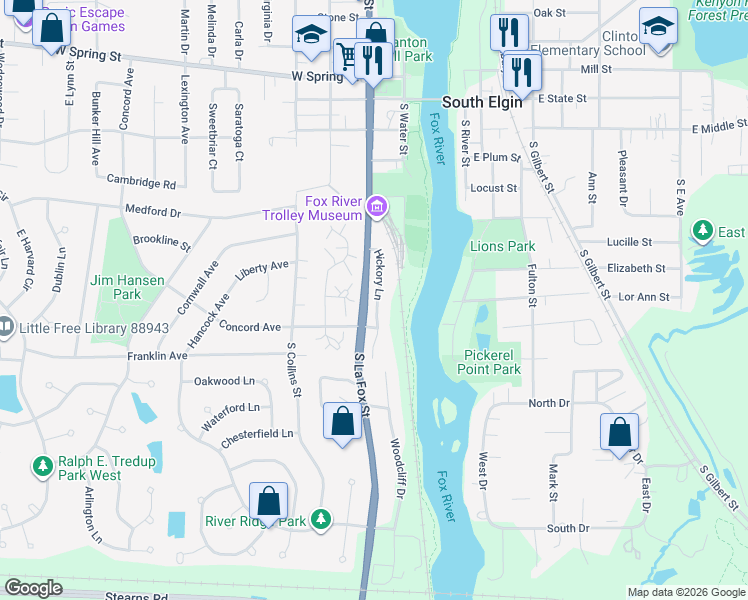map of restaurants, bars, coffee shops, grocery stores, and more near 328 Hickory Lane in South Elgin