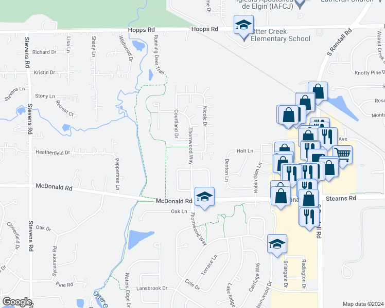 map of restaurants, bars, coffee shops, grocery stores, and more near 355A Thornwood Way in South Elgin