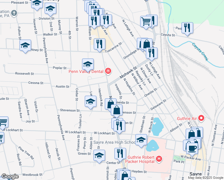 map of restaurants, bars, coffee shops, grocery stores, and more near 101-125 Iroquois Street in Sayre