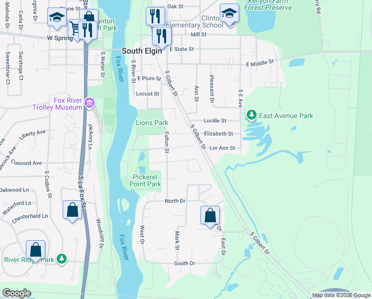 map of restaurants, bars, coffee shops, grocery stores, and more near 521 East Spring Avenue in South Elgin