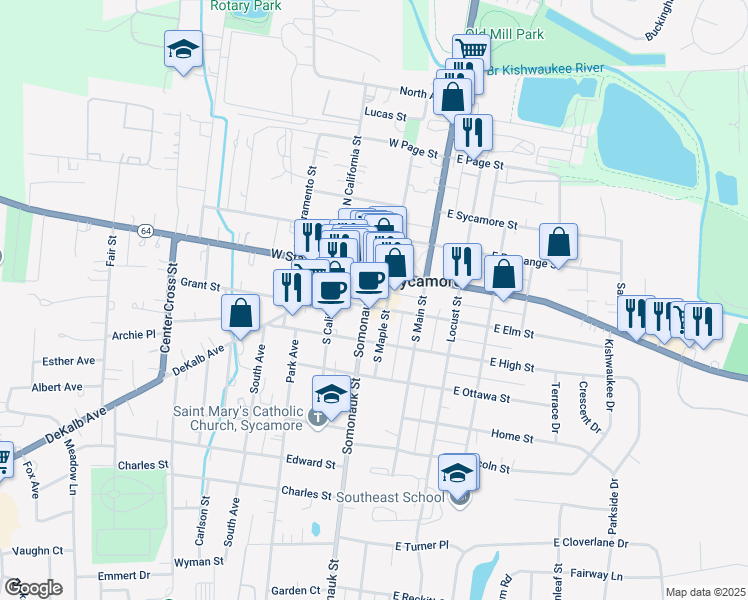map of restaurants, bars, coffee shops, grocery stores, and more near 120 South Maple Street in Sycamore