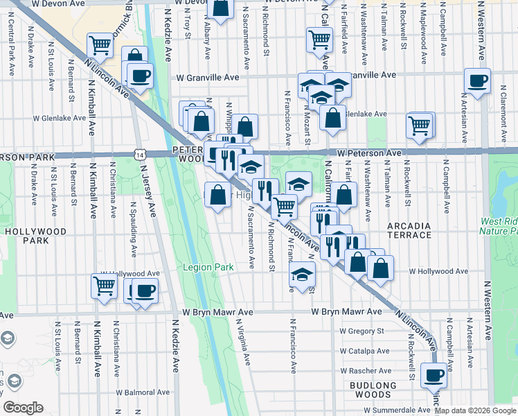 map of restaurants, bars, coffee shops, grocery stores, and more near 5862 North Lincoln Avenue in Chicago