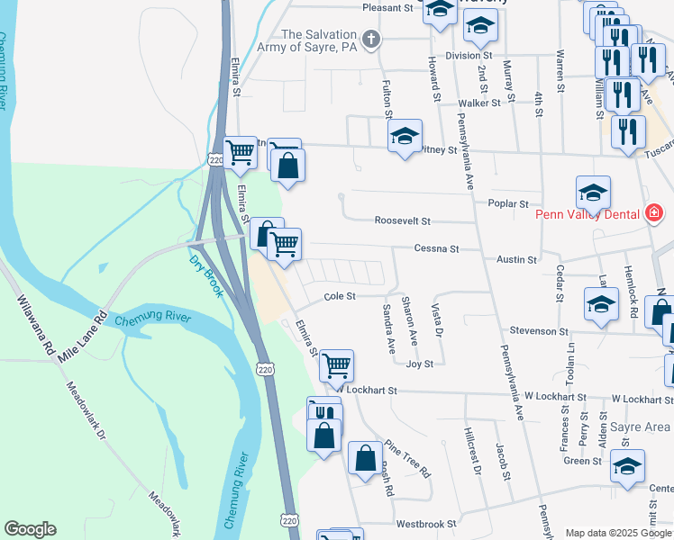 map of restaurants, bars, coffee shops, grocery stores, and more near 38 Cranberry Lane in Sayre