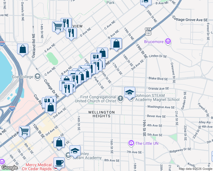 map of restaurants, bars, coffee shops, grocery stores, and more near 1570 3rd Avenue Southeast in Cedar Rapids