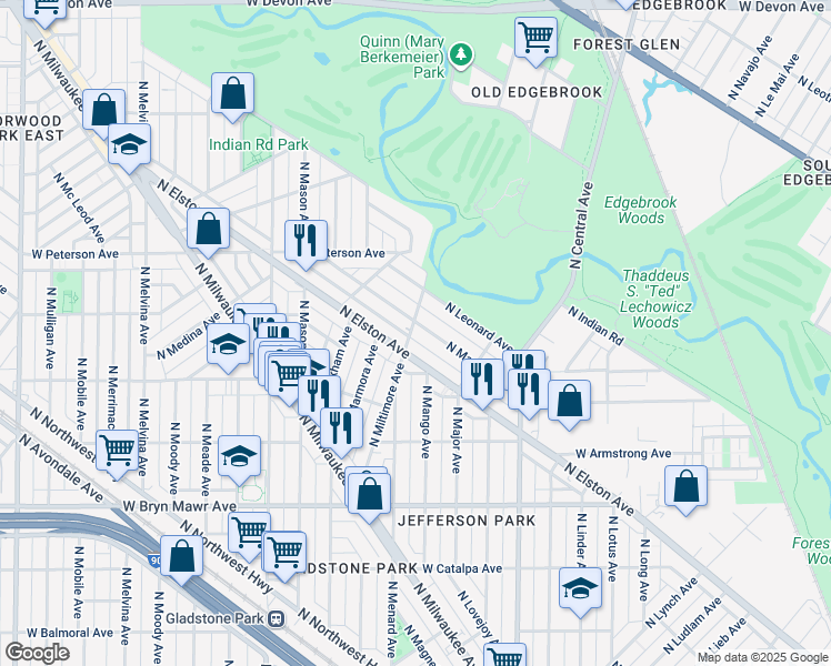 map of restaurants, bars, coffee shops, grocery stores, and more near 5868 North Manton Avenue in Chicago