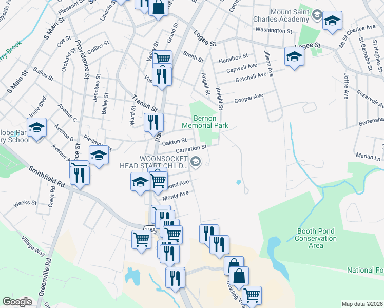 map of restaurants, bars, coffee shops, grocery stores, and more near 149 Carnation Street in Woonsocket