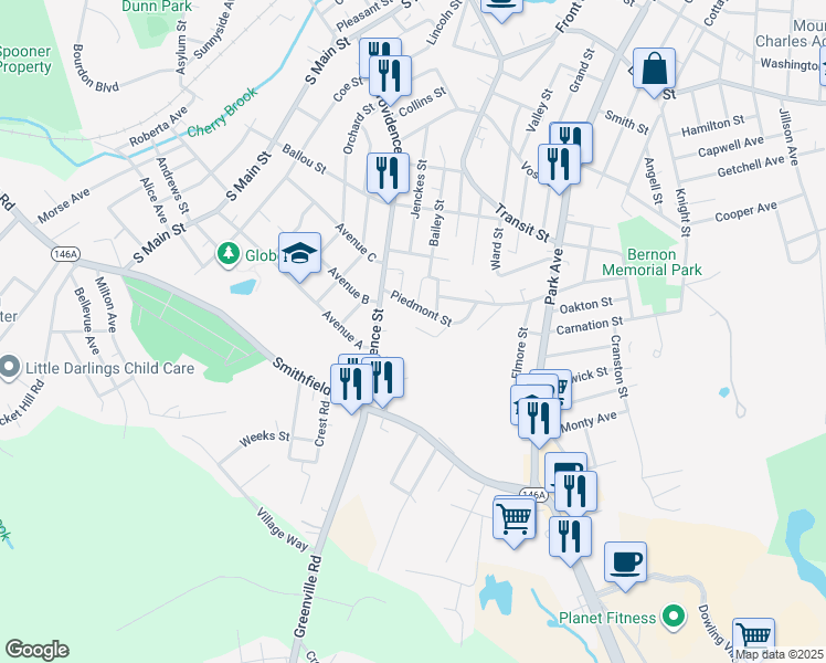map of restaurants, bars, coffee shops, grocery stores, and more near 29 Berkley Street in Woonsocket