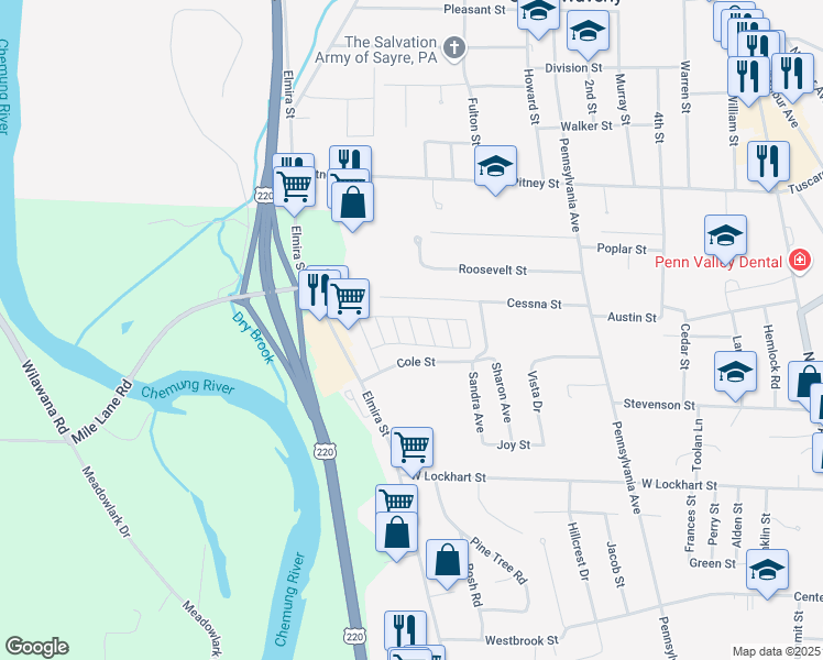 map of restaurants, bars, coffee shops, grocery stores, and more near 38 Cranberry Lane in Sayre
