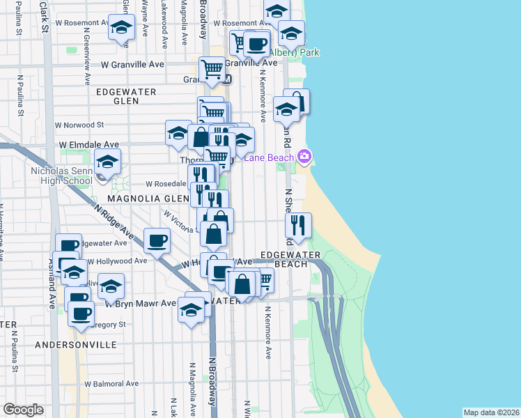map of restaurants, bars, coffee shops, grocery stores, and more near 5822 North Kenmore Avenue in Chicago