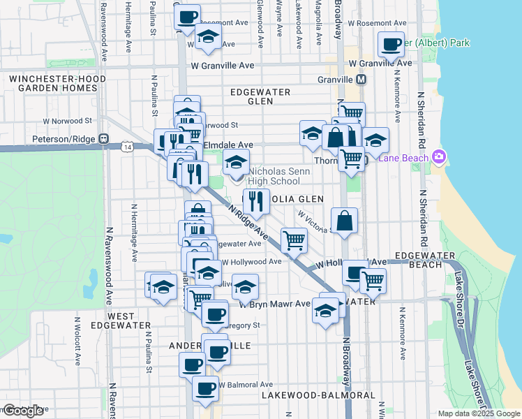 map of restaurants, bars, coffee shops, grocery stores, and more near 1421 West Ardmore Avenue in Chicago