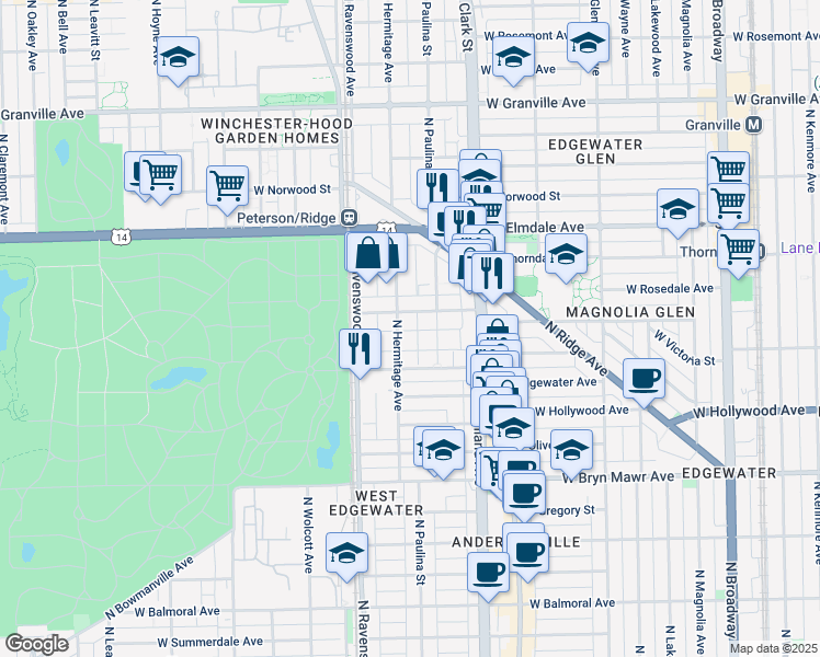 map of restaurants, bars, coffee shops, grocery stores, and more near 1711 West Thorndale Avenue in Chicago