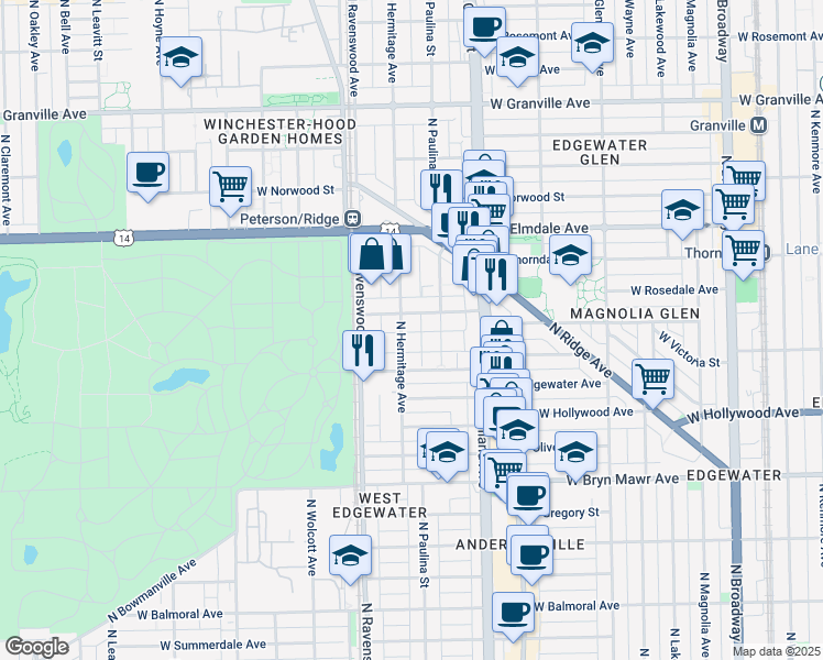 map of restaurants, bars, coffee shops, grocery stores, and more near 1711 West Thorndale Avenue in Chicago